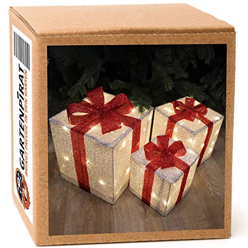 3er Geschenkboxen 30/25/20cm LED warmweiß beleuchtet Geschenke mit Schleife außen