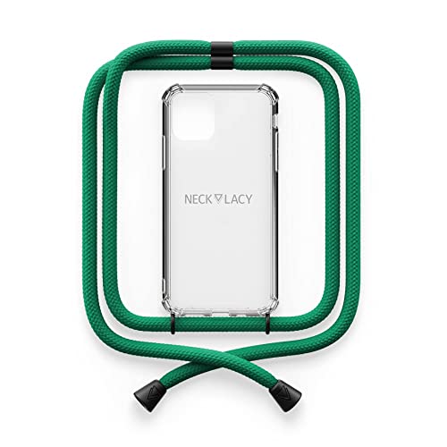 NECKLACY® - Die Premium Handykette für Apple iPhone 13 Mini in Tropical Green | transparente Handyhülle mit hochwertiger Kordel zum Umhängen - Smartphone Crossbody Case