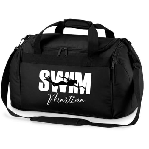 minimutz Sporttasche Schwimmen für Kinder - Personalisierbar mit Name - Schwimmtasche Swim Duffle Bag für Mädchen und Jungen (schwarz)