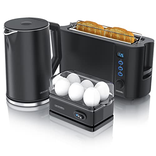 Arendo - Wasserkocher mit Toaster SET und Eierkocher, Edelstahl Schwarz Wasserkocher 1,5L 40° - 100°C, Toaster 2 Scheiben LED-Display 6 Bräunungsgrade Eierkocher 1-6 Eier Messbecher BPA frei