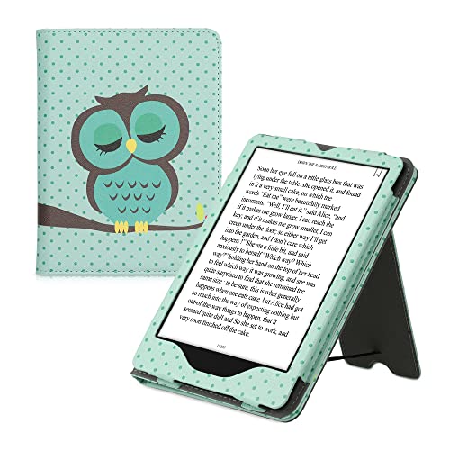 kwmobile Flip Cover kompatibel mit Amazon Kindle Paperwhite (11. Gen - 2021) - Hülle mit Handschlaufe Eule Schlaf Türkis Braun Mintgrün