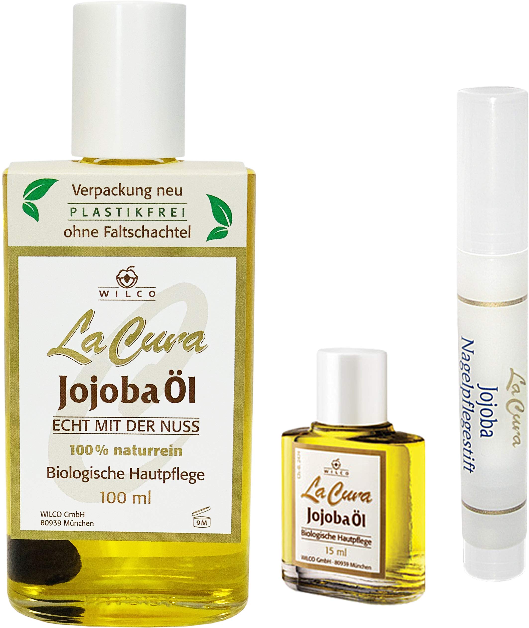 Drei Schönheits-Elixiere in einem Set! La Cura Jojoba Öl 100ml, La Cura Jojoba Öl 15 ml und der La Cura Nagelpflegestift für gepflegte, schöne Nägel.