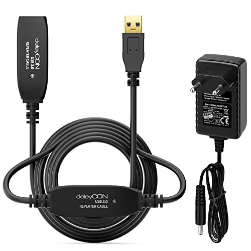 deleyCON 15m Aktives USB 3.0 Kabel Aktive Verlängerung mit 2 Signalverstärker & Netzteil USB3.0 Repeaterkabel Verlängerungskabel PC Computer Drucker Scanner