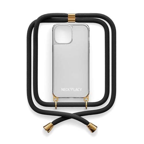 NECKLACY® - Die Premium Handykette für Apple iPhone 15 Pro in Elegant Black | transparente Handyhülle mit hochwertiger Abnehmbarer Kordel zum Umhängen - Smartphone Crossbody