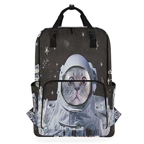 Space Cat Astronauten Kätzchen Schulrucksack Wasserdicht Schultasche Gym Rucksack, Galaxy Stern Mond Meteor Laptop Tasche Outdoor Reisetasche für Damen Herren