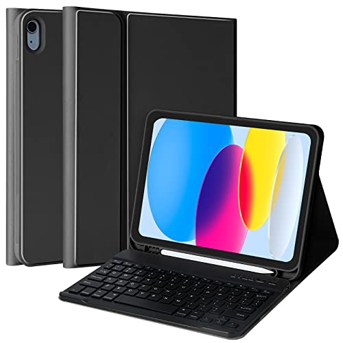 Tastatur Hülle für iPad 10 Gen 2022,Deutsche Bluetooth Tastatur für iPad 10th / 10.9 2022 mit Kabelloser,Automatischer Reaktivierung/Deaktivierung,Unterstützung für Stiftschlitz und Aufladen (Black)