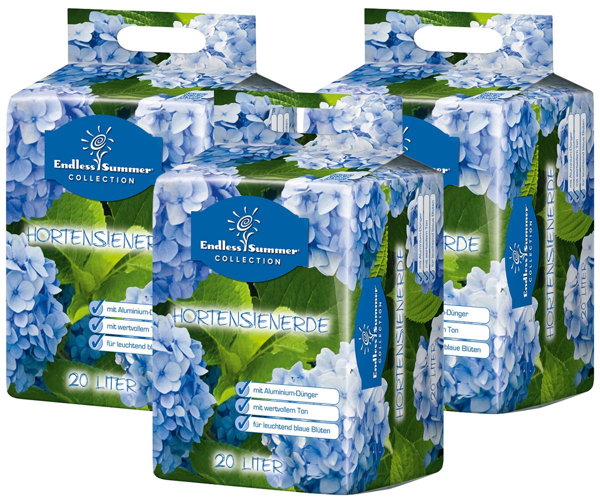 Floragard Endless Summer Hortensienerde blau 3x20 L • zum Pflanzen und Umtopfen • für Beet- und Kübelbepflanzung • für blaue Hortensien • mit Tongranulat • 60 L