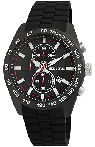 Elite Herrenuhr Schwarz Analog Datum Chronograph Silikon Quarz 5 Bar Armbanduhr