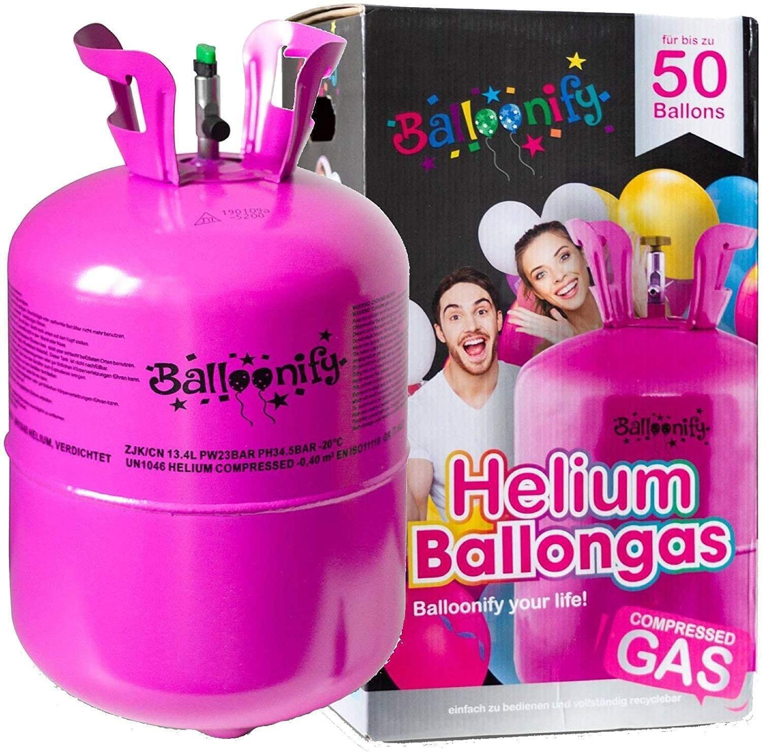 Helium Ballongas für 20/30/50 Ballons | Heliumflasche Set mit Knickventil für Luftballons + Folienballons | Geburtstag Party Hochzeit Flasche, Größe: Ballongas für 50 Ballons