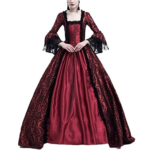 Damen Langarm Renaissance Mittelalter Kleid Viktorianischen Königin Kostüm Maxikleid Burgunderrot S