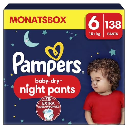 Pampers Night Windeln Pants Größe 6 (15kg+) Baby-Dry, MONATSBOX, 138 Höschenwindeln, Windelhöschen bieten zusätzlichen Schutz für die ganze Nacht