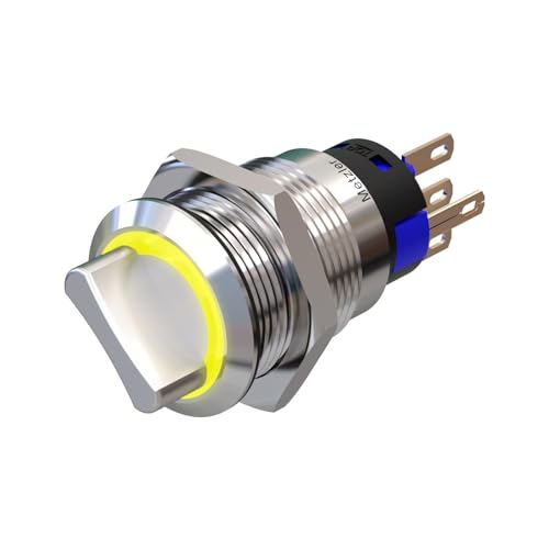 LED Drehschalter aus Edelstahl mit zwei Positionen - Durchmesser Ø 19 mm - aus V2A Edelstahl - staub- und wasserdicht -230V AC - witterungsbeständig und langlebig - Gelb