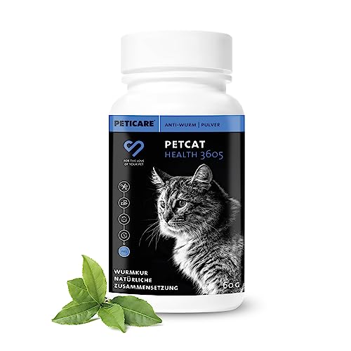 Peticare Wurmkur Pulver für Katzen | effektive pflanzliche Entwurmung | vorbeugend & akuter Wurmbefall | Wurmmittel als Ergänzungsfutter mit 100% natürlichen Inhaltsstoffen | petCat Health 3605