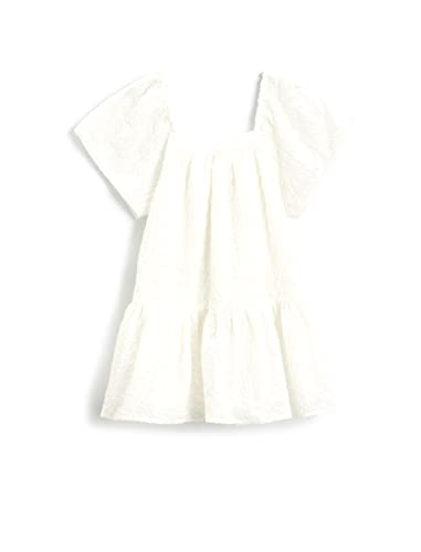 Koton Girls Embroidered Puff Sleeve Square Collar Ruffled White Dress Cotton