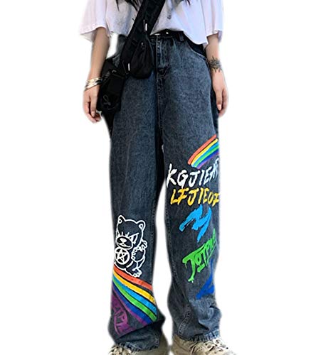 keepmore Damen Beiläufig Baggy Jeans Hohe Taille Hose mit weitem Bein Y2K Lose Streetwear Graffiti Regenbogen Gedruckt Jeanshose Streetwear