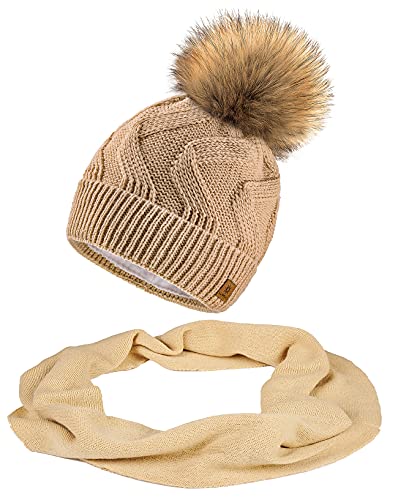 MFAZ Morefaz Ltd Damen-Wintermütze mit Schal und Mütze, gestrickt, Bommel Gr. Erwachsene, Beigefarbenes Set mit Mütze und Schal