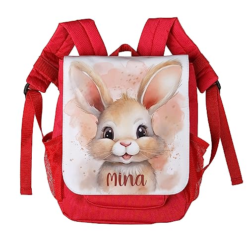 Striefchen® personalisierter Kinderrucksack mit niedlichen Tiermotiven in Aquacolor Optik Hase, Rot