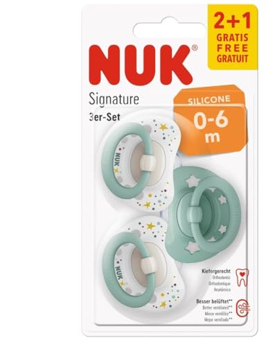 NUK Signature Schnuller | BPA-freier Silikonschnuller | 0-6 Monate | Sterne grün | 3er Pack