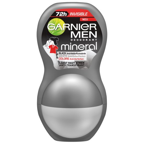 Garnier Men Deodorant Mineral Invisible - Black, White & Colors Roll-On Männer 72 h Non-Stop Protection und Textilschutz/angereichert mit Mineralite (alkoholfrei, parabenefrei), 3 x 50 ml
