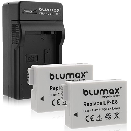 Blumax 2X Kamera Akku für Canon LP-E8 Ladegerät für Canon Kamera LP-E8 Akku inkl. Netzteil und Stecker fürs Auto