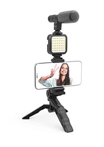 DIGIPOWER 4-teiliges Vlogging Set mit LED-Videolicht, universellem Mikrofon, Handgriff/Mini-Stativ kompatibel mit Smartphones und DSLR-Kameras