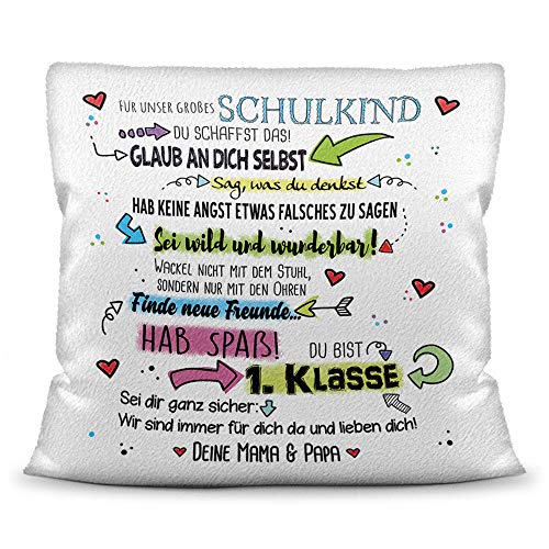 Kuschel-Kissen mit Spruch inkl. Füllung für Kinder zur Einschulung - Für unser Schulkind - Bestes Einschulungsgeschenk / Geschenkidee Schulstart / Geschenk zum Schulbeginn - Kissen Weiß - flauschig