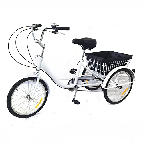 20 Zoll Dreirad für Erwachsene, 8-Gang Erwachsene Fahrrad Dreirad 3 Rad Bike mit Einkaufskorb Dreirädriges Cruiser-Fahrrad für Erholung, Einkaufen, Picknicks (Weiß)