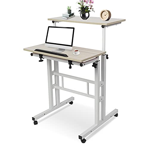Ejoyous Computerschreibtisch mit Rollen, Höhenverstellbar 67-110 cm Laptop-Schreibtisch Stand-up Schreibtisch Multifunktional Mobile Podium für Schlafzimmer und Sofa(Weißer Ahorn)