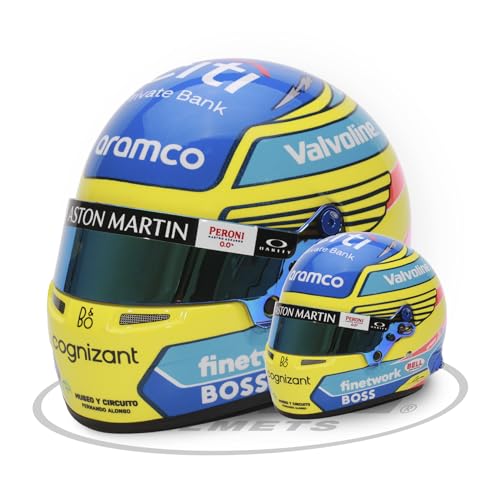 Aston Martin F1 Team - Fernando Alonso 2024 1/2 Scale Mini Replica Helm - Offizielle Glockenhelme - Blau/Gelb