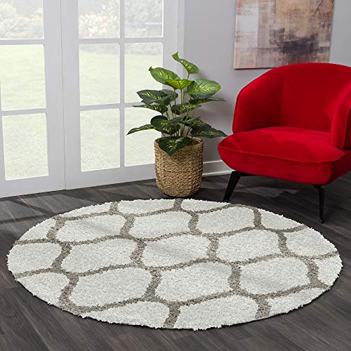SANAT Madrid Shaggy Teppich Rund - Hochflor Teppiche für Wohnzimmer, Schlafzimmer, Küche - Morocco Creme, Größe: 200 cm
