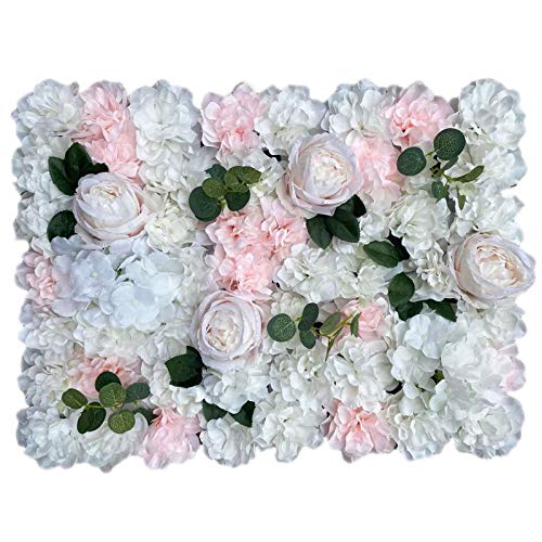 Aohuada 12x Künstliche Blumenwand Kunstblumen Rosenwand Deko Hintergrund Fotografie Hochzeit Straße DIY, 40 x 60 cm (Weiß Dahlie + Hellrosa Rosen-Yugaye)