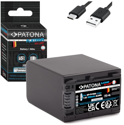 PATONA Platinum NP-FV100A NP-FV100 USB-C Akku 3090mAh, mit direktem USB Eingang (1395), ohne Verwendungseinschränkung HDR CX625 CX730 CX250 PJ810 FDR AX53 AX33 AX100 usw.
