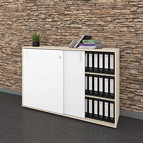 Weber Büro Schiebetürenschrank Sideboard NOVA 3OH 1.640 x 1.085 mm in Ahorn-Weiß