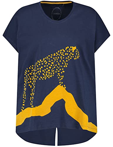 Samoon Damen Kurzarmshirt mit Leopard-Motiv überschnittene Schultern, Kurzarm T-Shirt Kurzarm Rundhals Kurzarmshirt Frontprint, unifarben Mood Blue Gemustert 54