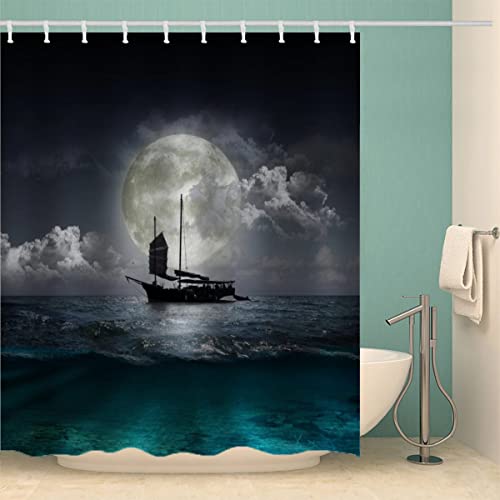 iYoucase 3D Motiv Ozean Duschvorhang Anti-Schimmel Wasserdicht Duschvorhänge 240x200 cm Mond Shower Curtain 100% Polyester Stoff Anti-Bakteriell Badvorhang mit 12 Hooks für Badezimmer Badewanne