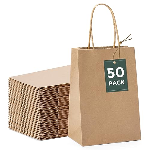 GSSUSA 50 Pcs Brown Kraft Paper Bags 5.25x3.75x8, Small Paper Bags with Handles for Shopping, Gift, Merchandise, Retail, Party Favor, Wedding, Gift Bags, Bags for Small Business, Boutique