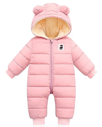 Baby Winter Overall mit Kapuze, Strampler Schneeanzug Jungen Mädchen Langarm Jumpsuit Warm Outfits Geschenk 9-12 Monate,Rosa