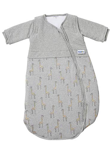 Gesslein 773087 Bubou Babyschlafsack mit abnehmbaren Ärmeln: Temperaturregulierender Ganzjahreschlafsack für Baby/Kinder Größe 110 cm, grau meliert mit Giraffen, grau, 540 g