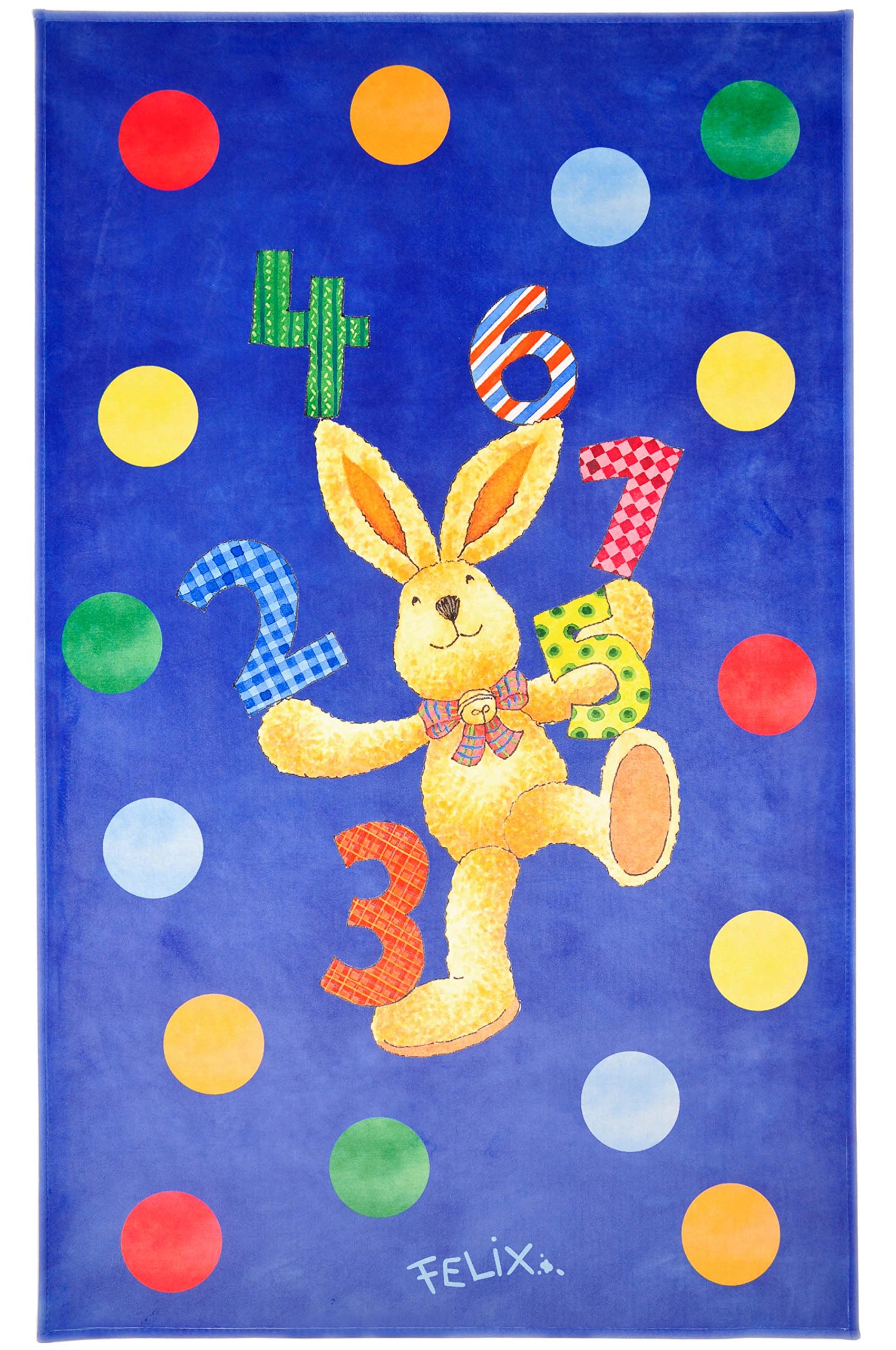 Felix der Hase Kinderteppich mit Zahlen und bunten Konfettis, Weich und Soft 80x150 cm in Rechteck, Farbe Blau, Öko-Tex zertifiziert, Bildmotiv für Jungen und Mädchen