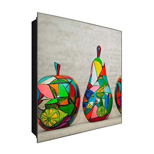 DekoGlas Schlüsselkasten 'Bunte Holzfiguren' 30x30 Glas, inkl. Haken Schlüsselbrett Schlüssel-Box Design Aufbewahrung