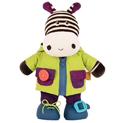 B. toys Zebra Kuscheltier zum Anziehen lernen – Schleife, Reißverschluss, Klettverschluss, Knopf – Lernspielzeug mit Geräuschen für Kinder ab 2 Jahre