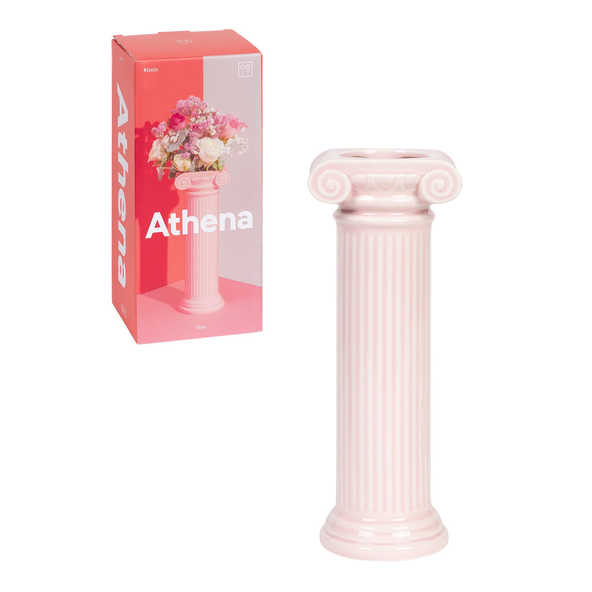 DOIY - Modernes dekoratives Vasen - Athena-Design in Form Einer ionischen Säule - Hergestellt aus Keramik - Blumenvase - Dekorativer Blumenhalter - Rosa Farbe - 9,2x8x25 cm