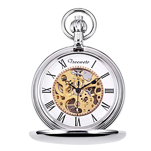 ROLTIN Taschenuhr, Silber/Gold, glattes Gehäuse, Skelett-Zifferblatt, mechanisches Uhrwerk mit Kette + Geschenkbox