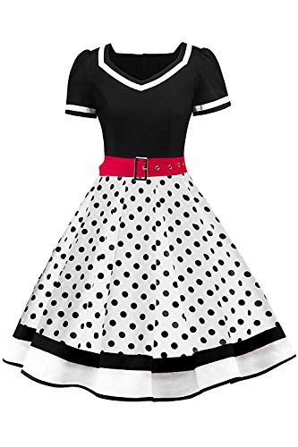 AXOE Damen Petticoat Kleid 50er Jahre Rockabilly Cocktailkleid Polka Dots Schwarz mit Weiß, Gr.38, L