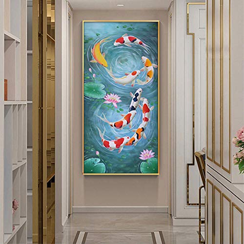 Koi Fish Feng Shui Carp Lotus Pond Pictures Painting on Canvas Posters and Prints Cuadros Wall Art Pictures For Living Room 80x160cm Frameless
