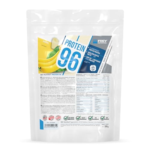 FREY Nutrition PROTEIN 96 (Banane, 500 g) Ideal für kohlenhydratreduzierte Diätphasen und als Zwischenmahlzeit - Hoher Caseinanteil - low carb - Made in Germany