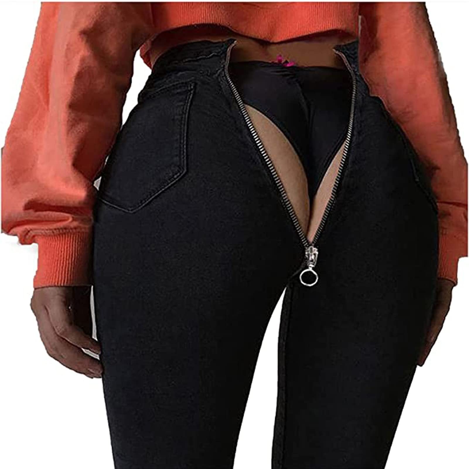 Yokbeer Sexy Damen-Jeans mit Reißverschluss Hinten, Jeans mit Hoher Taille und Reißverschluss Hinten, Dehnbare Legging-Hose aus Gewaschener, Dünne Hose (Color : Black, Size : XXL)