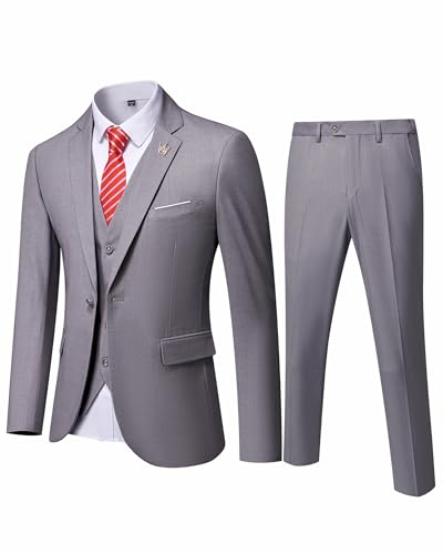 EastSide Herren Slim Fit 3-teiliger Anzug, Ein-Knopf-Blazer-Set, Jacke Weste & Hose, Hellgrau, XS