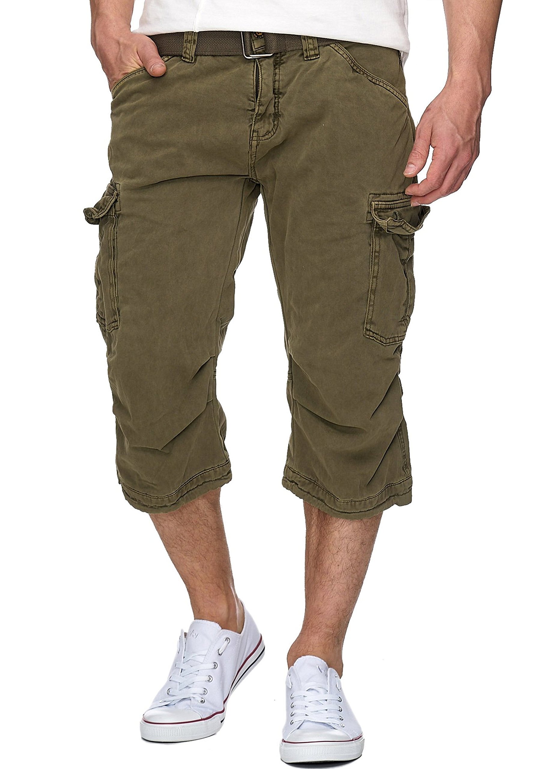 Indicode Herren Nicolas Check 3/4 Cargo-Shorts inkl. Gürtel | Herrenshorts aus Baumwolle Army S