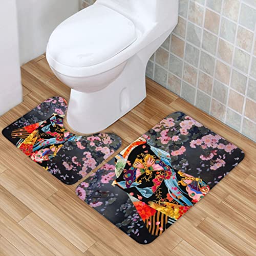 Badezimmerteppich-Set, japanischer Geisha2, bedruckter Flanell, rutschfest, saugfähig, Badezimmerteppich, WC, U-förmiger Konturteppich, 2 Stück